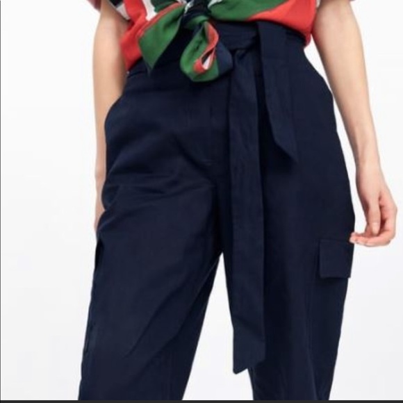 Zara | Pants & Jumpsuits | Zara Linen Blend Navy Blue Cargo Pants | Poshmark